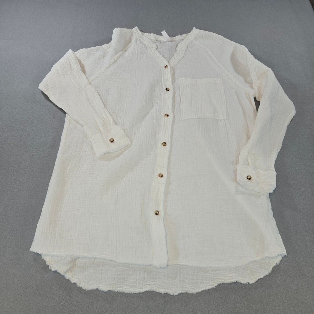 Sucolan Button Down‎ Tunic Women Medium White Cotton Gauze Boho Raw Hem Shirt